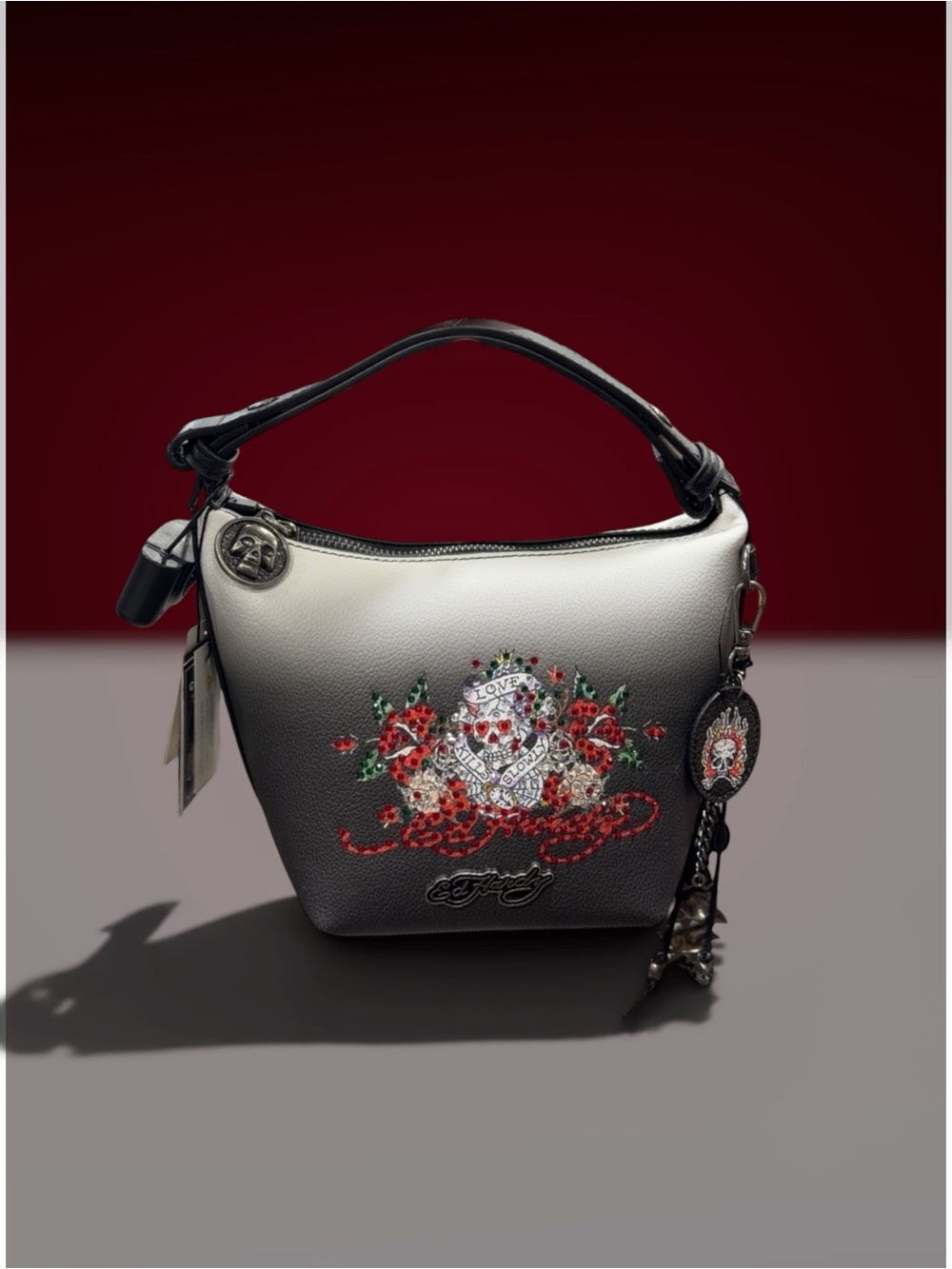 Ed Hardy Black & White Embroidered Skull Shoulder Bag with Red Floral Accents